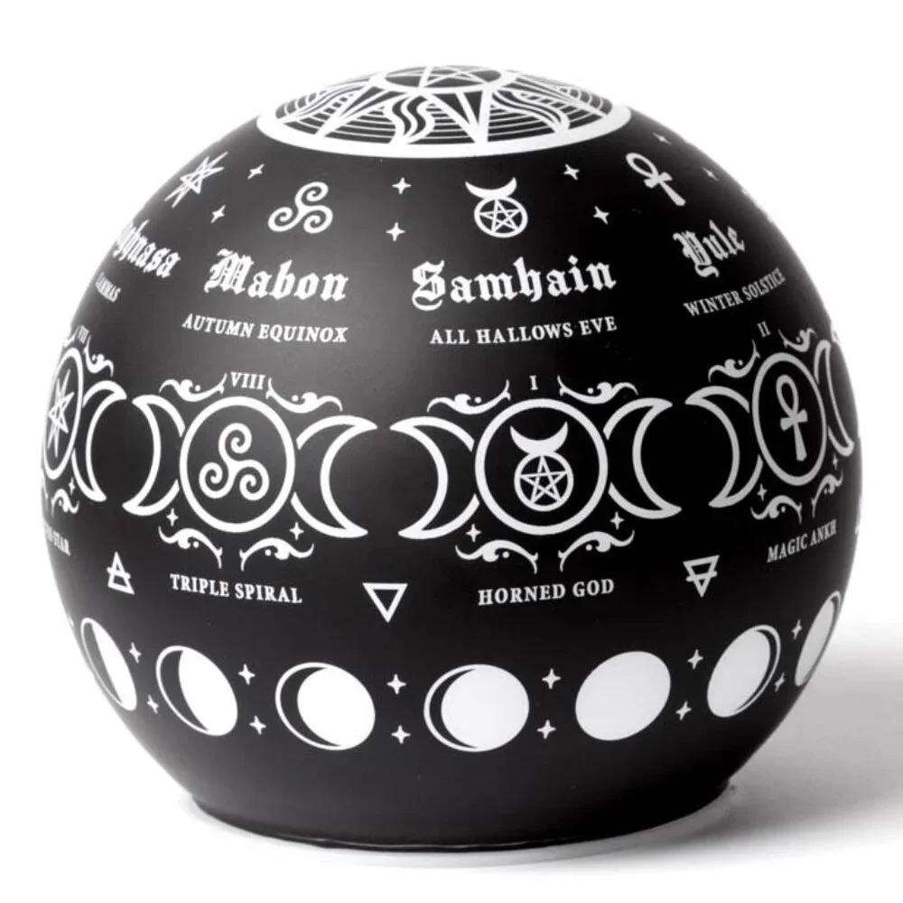 Alchemy Gothic Pagan Calendar LED Globe Light Black Glass Etched Symbols NIB